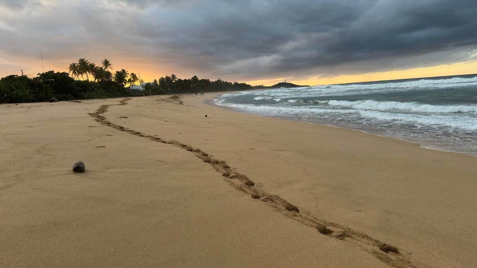 A wide ocean horizon at the threshold of light, with distant land visible in soft silhouette.