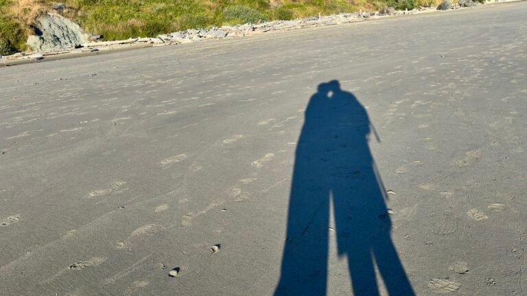 Shadows of two people on the beach